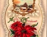 Merry Christmas Emboosed Gilt Pointsettia Cabin Snow Scene UNP Vtg Postcard - $7.87