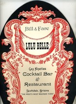 Lulu Belle OVAL Menu Scottsdale Arizona 1950&#39;s Gay Nineties Bar &amp; Restaurant  - £77.50 GBP