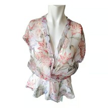 White Closet Boho Floral Chiffon Peplum Keyhole Top Blouse Sz 6 - $23.36