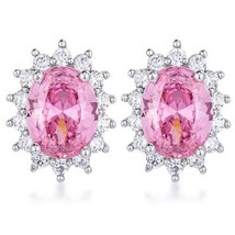 Precious Stars Silvertone Pink Cubic Zirconia Oval Royal Earring Studs - £15.13 GBP