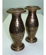 Fine Pair of Antique Late 19C Bidri Vases, Brass and Niello Inlay S.W In... - $372.22 CAD