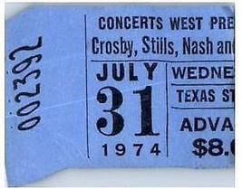 Vintage Crosby Stills Nash Jeune Ticket Stub Juillet 31 1974 Dallas Texas - £47.54 GBP