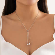 Pearl &amp; Silver-Plated Two-Drop Lariat Pendant Necklace - £11.18 GBP