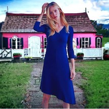 NWT $198 Eileen Fisher Dress XSmall 2 4 Blue 3/4 Sleeves High Quality Vi... - £113.53 GBP