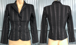 Aziz Black Pinstripe  Stretch Womens Short Jacket Blazer Button Rayon Blend - $21.02