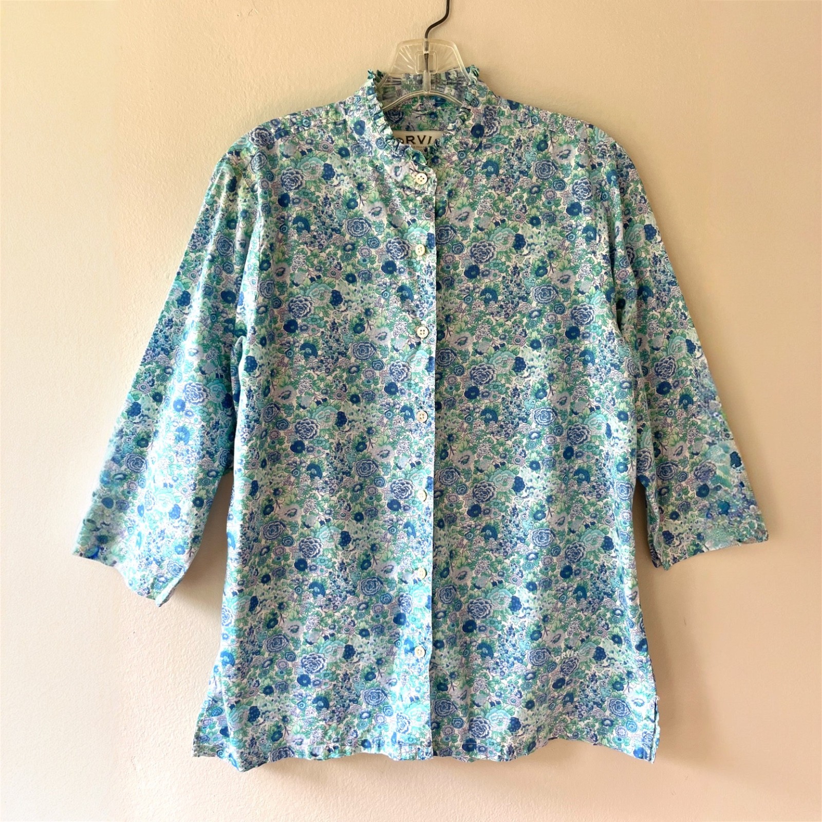 Orvis Sz 10 Blue Ditsy Floral Button Up Shirt Blouse Mock Ruffle Neck - $12.49