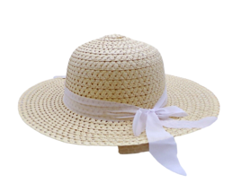 Tan Wide Floppy Brim Beach Garden Paper Straw Hat White Removable Bow Wo... - £15.12 GBP