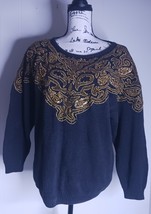 Vintage 80s Victoria Harbour Size Medium Knit Sweater Sequined Beaded Bl... - $262.42 MXN