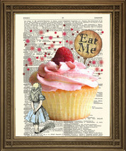 &#39;EAT ME&#39; Alice in Wonderland Cup Cake Print: Vintage Dictionary Page Art - £6.27 GBP