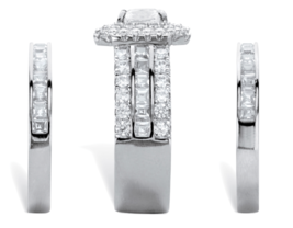 Round Halo Cz Bridal 3 Ring Set Band Platinum Sterling Silver 6 7 8 9 10 - £243.58 GBP