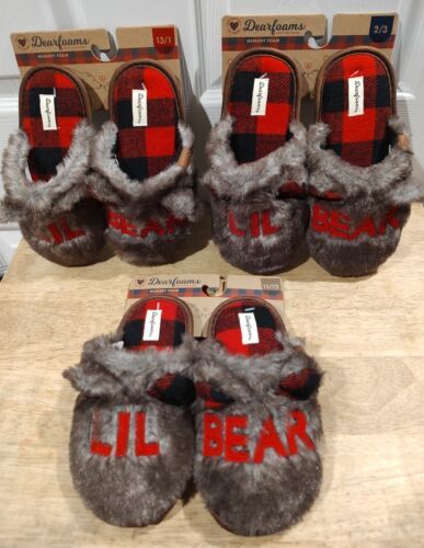 Primary image for Dearfoams Kids Lil Bear Faux Fur & Plaid Slip-On Slippers 11-12, 13-1 & 2-3 NEW!