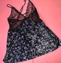 Victoria&#39;s Secret M slip BABYDOLL velvet velour Black purple flowers flo... - £54.52 GBP
