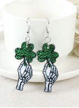 St. Patrick&#39;s Day Gothic Green Irish Four Leaf Clover Skeleton Earrings - £3.74 GBP
