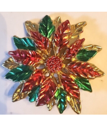 2 1/4&quot; Metal Christmas Poinsettia Brooch Pin Metal Red Green Gold Tone V... - $16.82