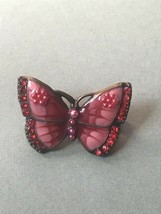 Estate Pink Enamel Antique Goldtone Butterfly w Red Rhinestone Edge &amp; Tiny Flowe - £10.29 GBP