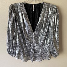 Free People Metallic Floral Puff Shoulder Top blouse peplum style Small - $34.99