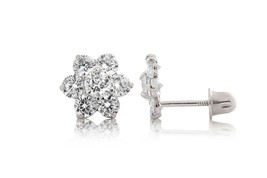 14K White Gold Flower Created Diamond Screw Back Stud Earrings 0.50 CT - £54.66 GBP