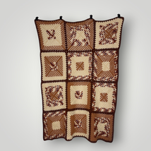 Vintage Granny Square Afghan Handmade Crocheted Brown Cream Throw 47x67 - £49.45 GBP