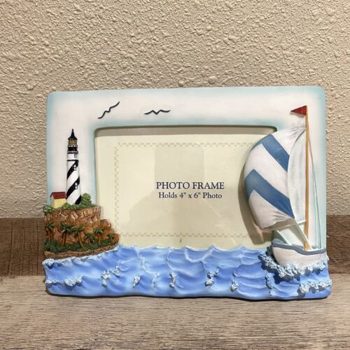 Maritime Lighthouse Sailboat Nursery Picture Frame White And Blue For 4”x6” - $11.87