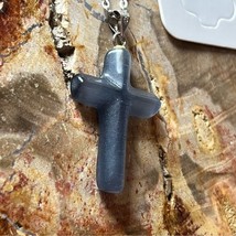 Blue Gray Cats Eye Stone Cross Stainless Steel Necklace Hand Carved - £15.12 GBP