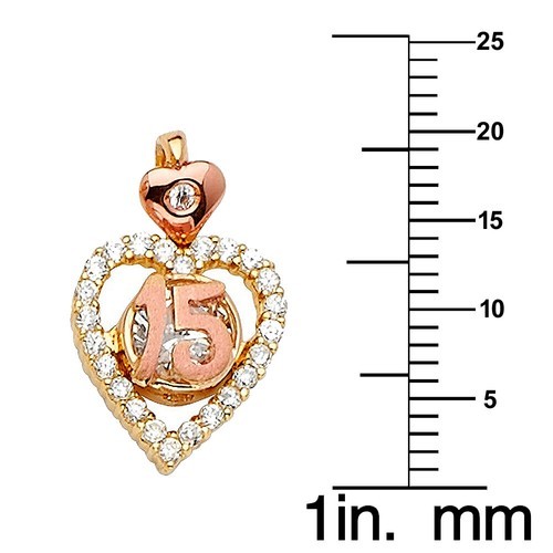 Genuine 14k Two-tone Gold 0.78" CZ '15' Heart Quinceanera Necklace 16" to 22" Item image 2