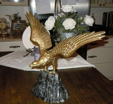 LARGE Solid Brass Eagle on Black Rock Mid Century Modern Americana VTG 20&quot; SPAN - £155.05 GBP