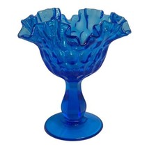 VINTAGE AQUA BLUE RUFFLED FOOTED COMPOTE DISH THUMB PRINT PATTERN CANDY ... - $26.18