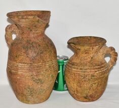 Pair Antique Terracotta Pottery Jugs Splatterware Vases Jugs w Twisted H... - $99.00