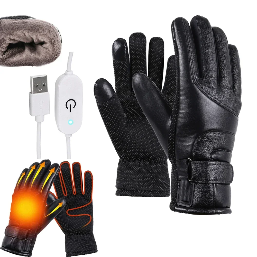 Moto Winter Leather Electric Heated Gloves Motocross USB Heating Hands Warmer - £23.03 GBP