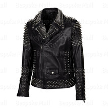 New Men&#39;s Black Tonal Spiked Studded Unique Punk Rock Biker Leather Jacket-648 - £300.25 GBP