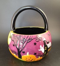 Halloween Ceramic Basket Handle Candy Dish Haunted House Purple Pumpkins Ghosts - £13.45 GBP