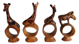 VTG 4 Hand Carved Wood Napkin Rings African Safari Animal 3 Giraffes Zebra - £12.49 GBP