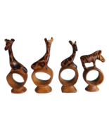 VTG 4 Hand Carved Wood Napkin Rings African Safari Animal 3 Giraffes Zebra - £12.46 GBP