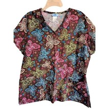 Women&#39;s SB SCRUBS V Neck Top Brown Pink Turquoise Butterfly L Large - £9.51 GBP