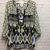 Fig And Flower Blouse Blue Yellow Geometric 3/4 Sleeve Notch Neck w ties XL - $19.45