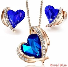 3 Pc Necklace Earring Set ROSE GOLD BLUE Heart September Sapphire Valentine&#39;s Bx - £6.92 GBP