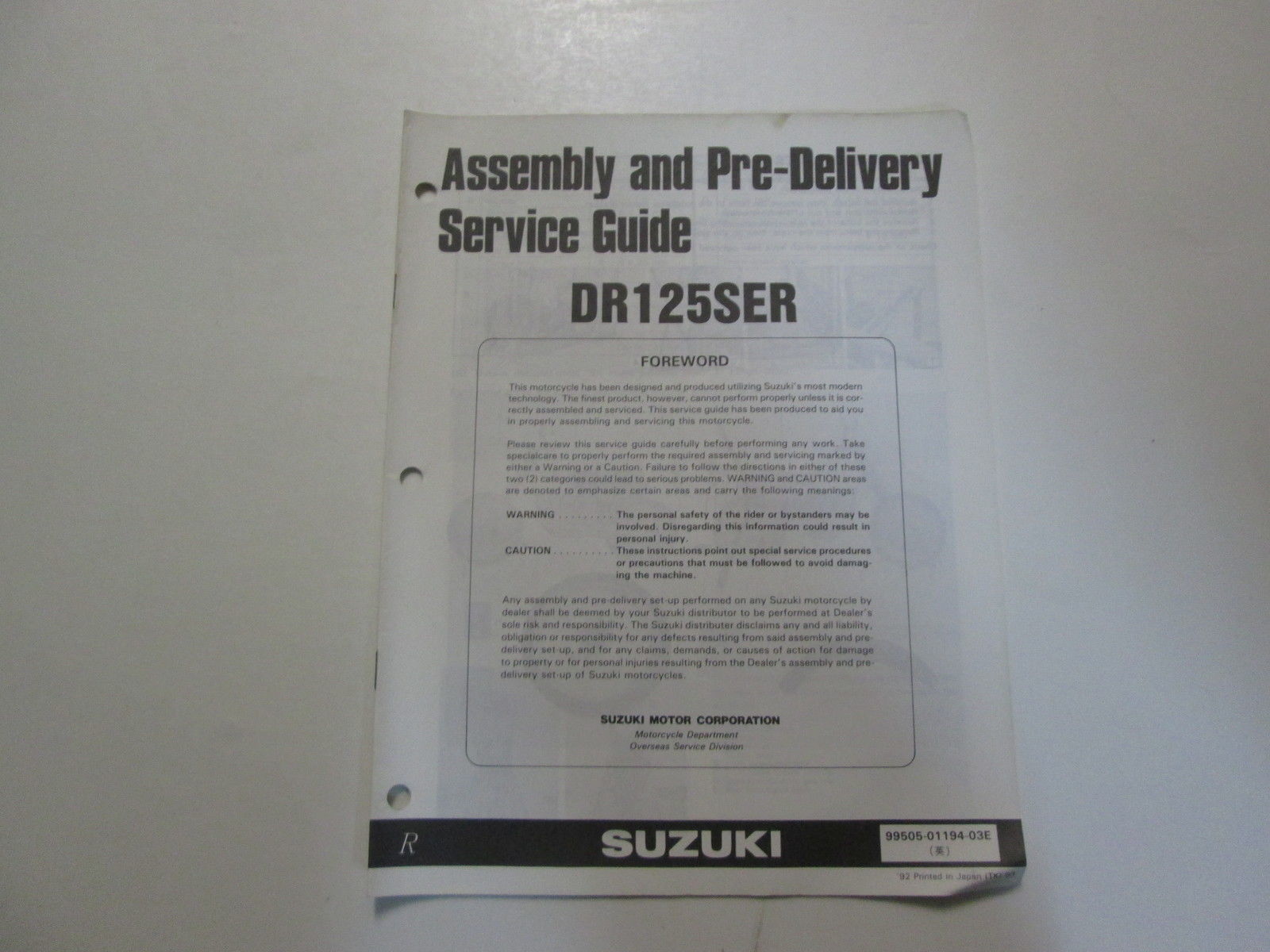 1992 Suzuki DR125SER Assembly Pre Delivery Service Guide Manual MINOR STAIN OEM - $19.54