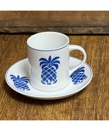Vintage Leart Demitasse Cup &amp; Saucer White Porcelain Blue Pineapple - $369.07 MXN