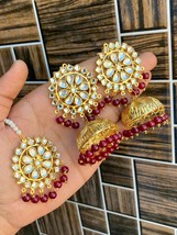 Gold Plated Kundan Tikka Tika Earrings Kundan Maroon Color Beads Jewelry Set - £23.22 GBP