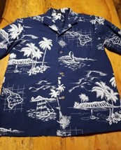 Royal Creations Navy Blue &amp; White Hawaiian Aloha Map Island Men’s Shirt ... - £13.19 GBP