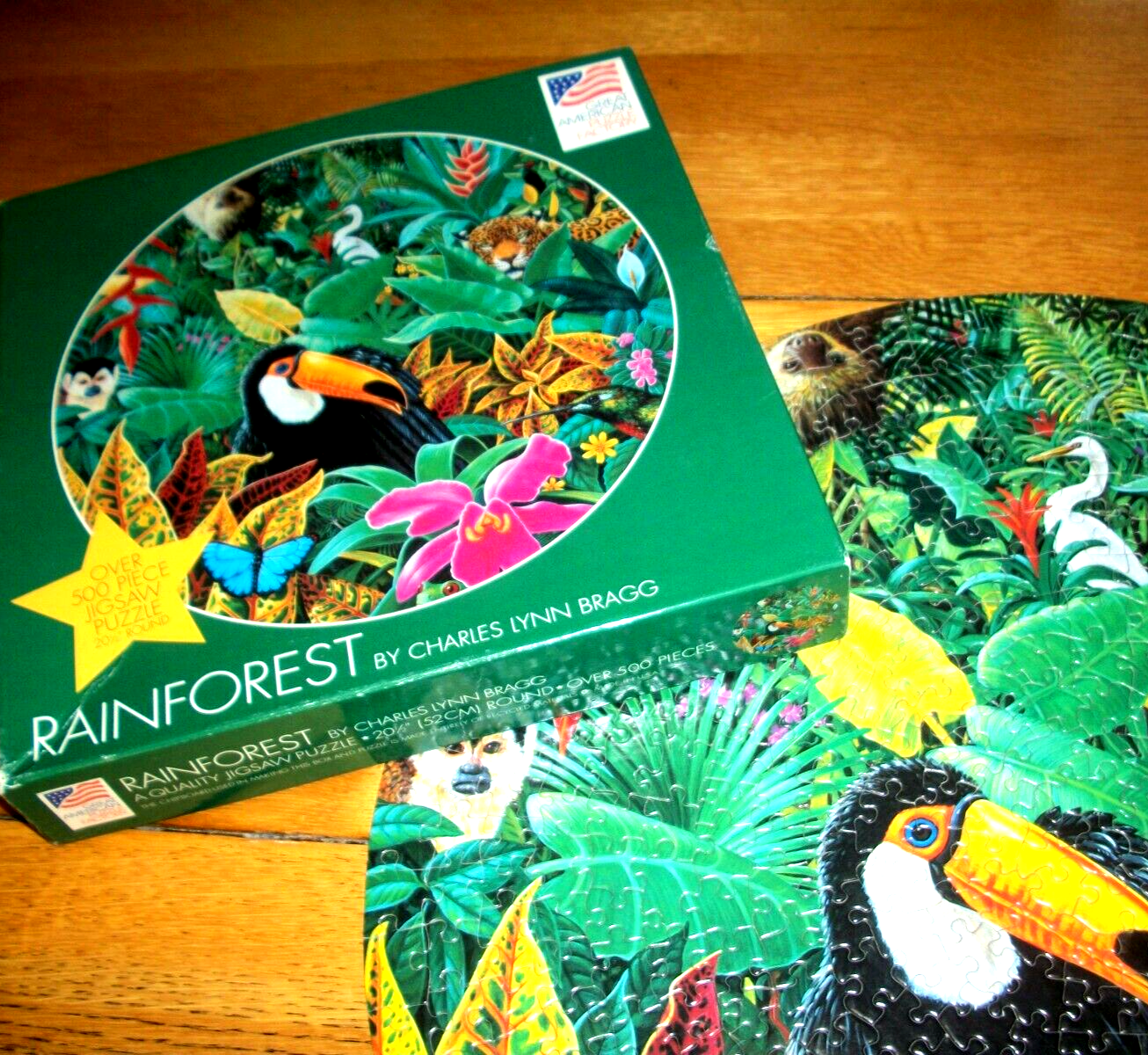 Jigsaw Puzzle 500 Pieces Round Shaped Rainforest Birds Animals Flowers Complete - $14.84