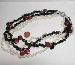 GENUINE Pearls Black Onyx Smoky Quartz Briolette Stone Toggle 4 Strand Necklace - £62.30 GBP