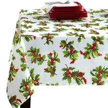 Winter Berries Holly Tablecloth Christmas Jacquard Textured Printed 52x7... - $36.14