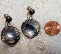 Vintage SIAM Sterling Silver Black Enamel Nielloware Non Pierced Earring... - $28.51