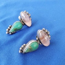Sterling Silver 925 Rose Quartz Chrysoprase Vintage Earrings Dangle Drop... - $213.75
