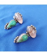 Sterling Silver 925 Rose Quartz Chrysoprase Vintage Earrings Dangle Drop... - €184,77 EUR