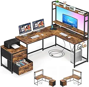 L Shaped Desk Computer Desk, Office Desk Gaming Desk With Drawers, Led, Power Ou - £278.15 GBP