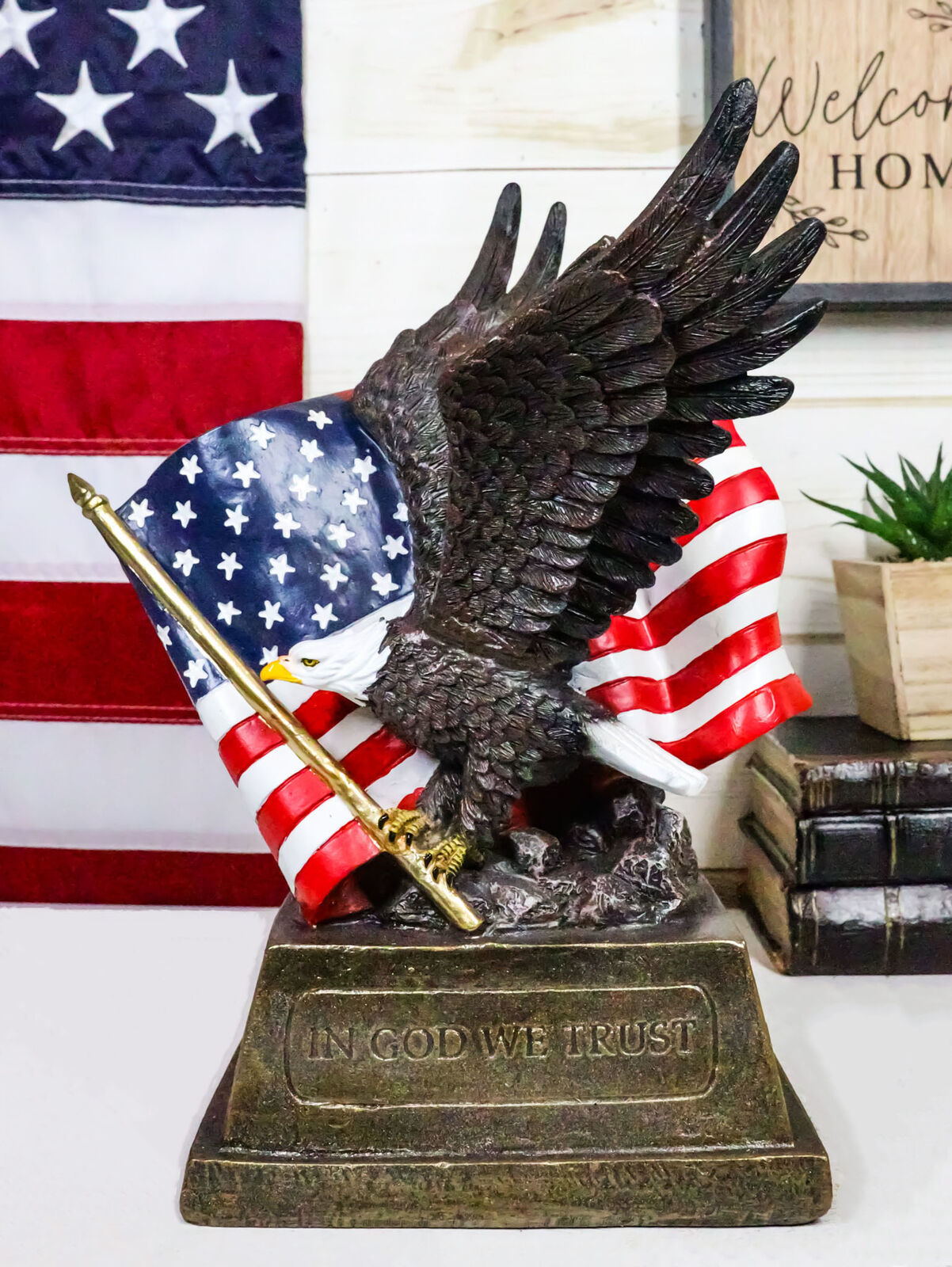 Patriotic Pride And Honor Bald Eagle Clutching American Flag Statue 10.7... - $43.95