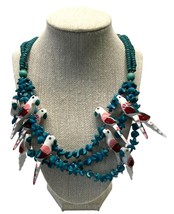 Wood Bead Parrot Necklace Vintage Teal Tropical Birds Jungle 16 Inch - £23.59 GBP