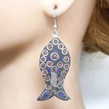 Vintage 8.00ctw Red Turquoise &amp; Lapis Lazuli Silver Fish Earrings 11.4g - £43.73 GBP